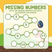 Missing numbers. Write the answer correctly. Educational printable math worksheet. Count and write activity. Counting practice. Vector file.