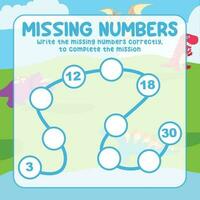 Missing numbers. Write the answer correctly. Educational printable math worksheet. Count and write activity. Counting practice. Vector file.