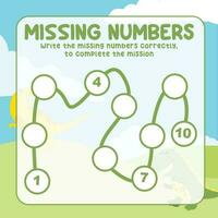 Missing numbers. Write the answer correctly. Educational printable math worksheet. Count and write activity. Counting practice. Vector file.