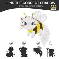 Find the correct shadow. Match the image with the shadow. Worksheet for kid. Educational printable worksheet. Vector illustration.