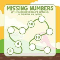 Missing numbers. Write the answer correctly. Educational printable math worksheet. Count and write activity. Counting practice. Vector file.