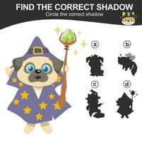 Find the correct shadow. Match the image with the shadow. Worksheet for kid. Educational printable worksheet. Vector illustration.