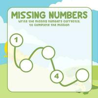 Missing numbers. Write the answer correctly. Educational printable math worksheet. Count and write activity. Counting practice. Vector file.