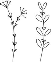 Black silhouettes of hand drawn flowers and plants isolated on white background. Monochrome vector illustrations in sketch style