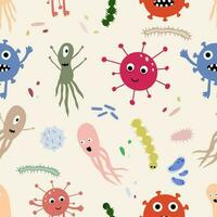 Cute Microorganism seamless pattern. Infectious germ, protist, microbe. Disease causing bacteria, viruses. Bright colored cartoon kids print vector