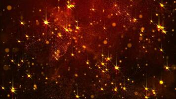 3D abstract digital technology animated star orange-yellow light particles on red background. video