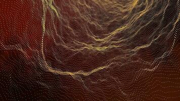 3D abstract digital technology animated orange-yellow light particles on red background. video