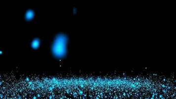 3D abstract digital technology animated blue light particles rain hits the ground on black background. video