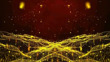 3D abstract digital technology animated orange-red light particles on red background. video