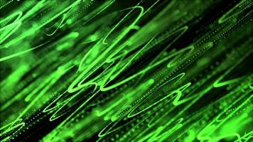 3D abstract digital technology animated green light particles on black background. video