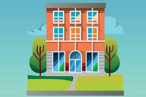 School with a green lawn. Icon. Flat vector illustration isolated on Any color of the background, School building in flat style. Modern school, college building. Vector illustration