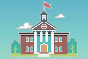 School with a green lawn. Icon. Flat vector illustration isolated on Any color of the background, School building in flat style. Modern school, college building. Vector illustration