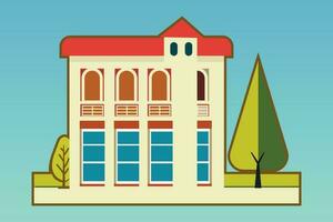 School with a green lawn. Icon. Flat vector illustration isolated on Any color of the background, School building in flat style. Modern school, college building. Vector illustration