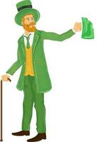 Leprechaun man character holding beer mug in standing pose. vector