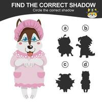 Find the correct shadow. Match the image with the shadow. Worksheet for kid. Educational printable worksheet. Vector illustration.