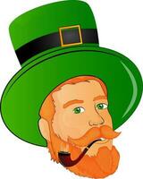 Leprechaun man face with smoking pipe on white background. vector