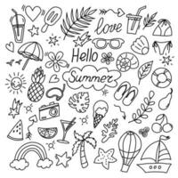 Summer doodles icon set. Hand drawn lines icons collection. Set of summer beach items. vector