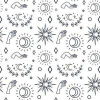 Vector magic seamless pattern with sun, moon, branch and stars.