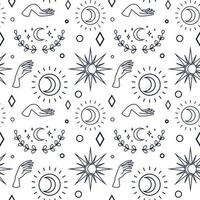 Vector magic seamless pattern with sun, moon, branch and stars.