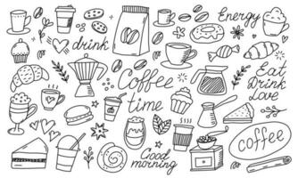 Doodle coffee shop icons. Outline hand drawn vector