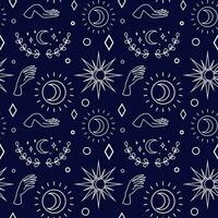 Vector magic seamless pattern with sun, moon, branch and stars on dark blue background.
