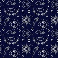 Vector magic seamless pattern with sun, moon, branch and stars on dark blue background.