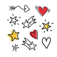 Vector set of stars and hearts. Hand drawn, doodle elements isolated on white background