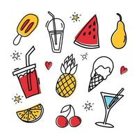 Set of cute food and drink summer icons. Ice cream, drink, watermelon, pear, pineapple, orange, cherry and martini vector