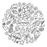 Summer icon set in round. Hello Summer. Doodle style. Hand drawn lines icons collection. Set of summer beach items. vector