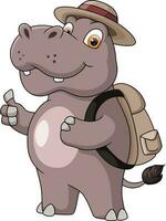 linda aventurero explorador hipopótamo con sombrero y mochilero vector