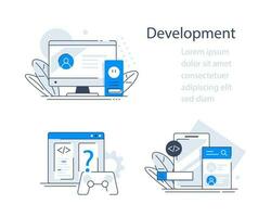 Web development, optimization, user experience, user interface in e-commerce. Website layout elements, photo, video, program code, search bar vector