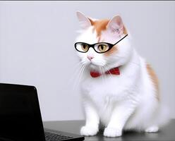 Cute busy cat with glasses. Concept of pet officer, business or office hours , photo