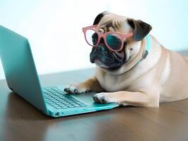 Cute pug dog with glasses. Concept of pet gamer, programmer or national pet day. photo