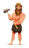 Primitive man character. Prehistoric stone age caveman holding a weapon cartoon illustration vector