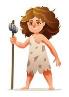 Primitive girl character. Prehistoric stone age cave girl cartoon illustration vector