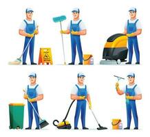 Set of cleaning service man with different equipment. Male housekeeper cartoon character vector