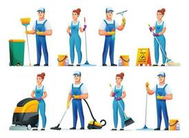 Set of cleaning workers with the equipment. Professional cleaning staff cartoon characters vector