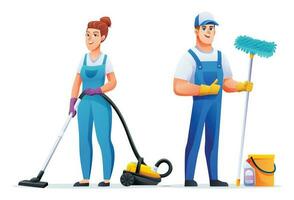 Cleaning workers man and woman characters. Professional cleaning staff, janitors cartoon character vector