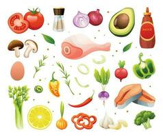 Fresh meats, vegetables and herbs illustration set. Healthy food ingredients vector cartoon