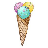 Ice cream cone with multicolored balls and sprinkles vector