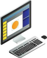 Web designing app on computer screen with keyboard and mouse on yellow background in 3d style. vector