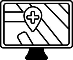 Black outline Medical Street Location Point on Map in Monitor Screen icon. vector