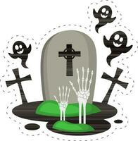 Happy Halloween Concept With Ghost Fly, Skeleton Hand On Graveyard Light Purple Background. vector