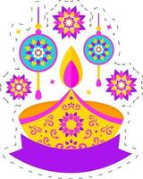 Happy Diwali Concept With Lit Oil Lamp Diya And Mandala Ornament On White Background. vector