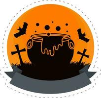 Isolated Boil Cauldron With Fly Bats Graveyard Night Orange Circular Background For Happy Halloween Concept. vector