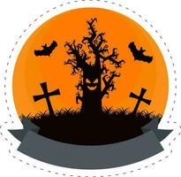 Flat Creepy Monster Tree With Fly Bats And Graveyard Night Orange Circular Background. vector