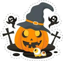 Sticker Style Creepy Pumpkin Wearing Witch Hat With Ghost Fly Over Graveyard Background For Happy Halloween Celebration. vector