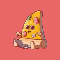 Pizza slice character using a laptop vector illustration. Funny, tech, food design concept.