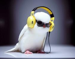 Cute and adorable parrot bird with earphone in head. photo