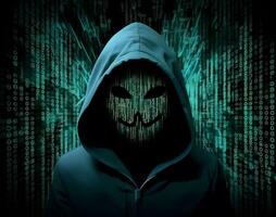 Portrait of anonymous hacker. Concept of hacking cybersecurity, cybercrime, cyberattack, etc. photo